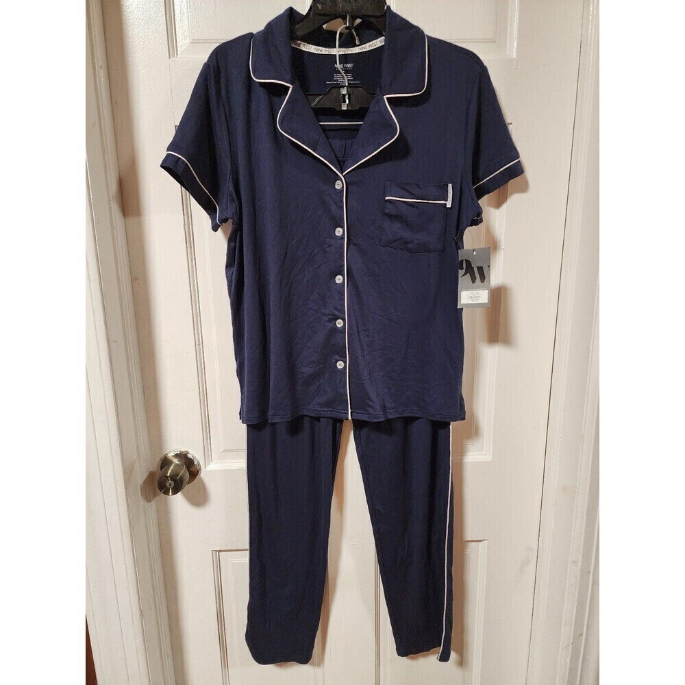 Nine West Women's Navy Short Sleeve With Pants Sleepwear Set Button Down Pajama